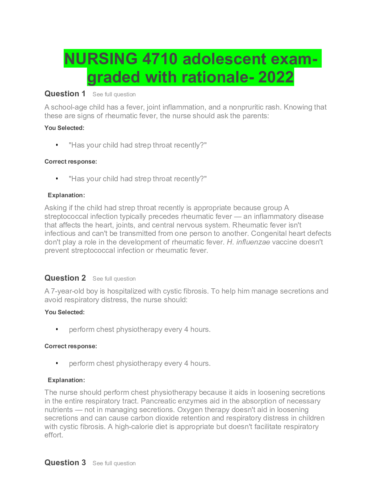 Preview of NURSING 4710 adolescent exam- graded with rationale- 2022